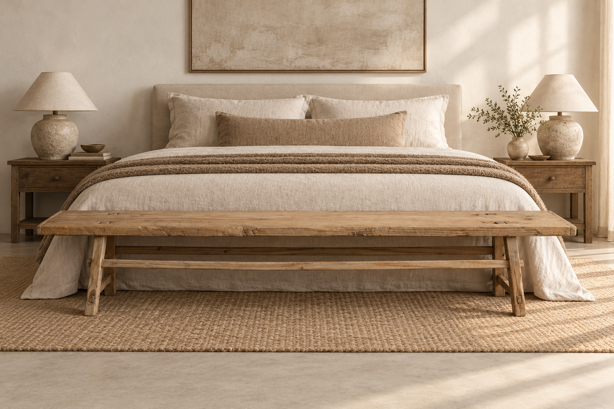 Nearly eight-foot Longhouse Bench, handcrafted in Texas with a textured, weathered wood finish.