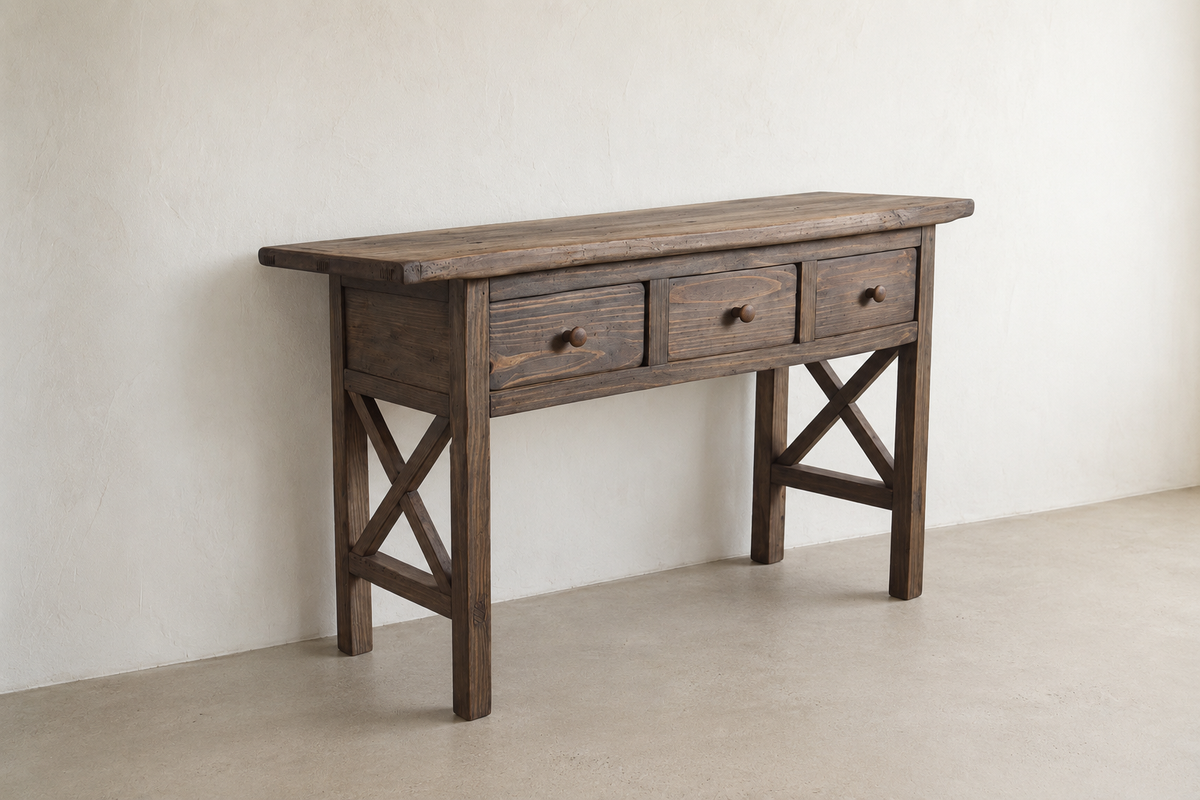 Detail of the three drawers and handcrafted construction on The Hewn Console