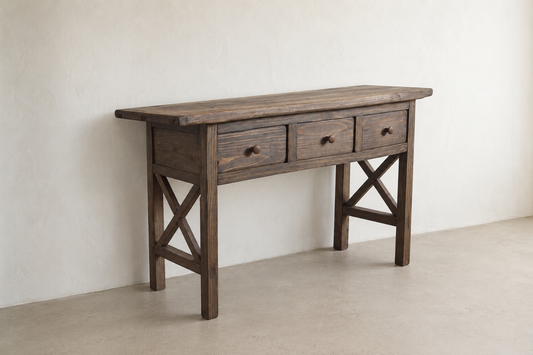 Detail of the three drawers and handcrafted construction on The Hewn Console