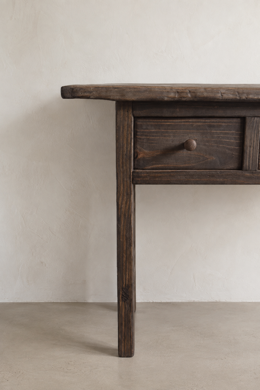 Side detail of The Hewn Console handcrafted wood construction