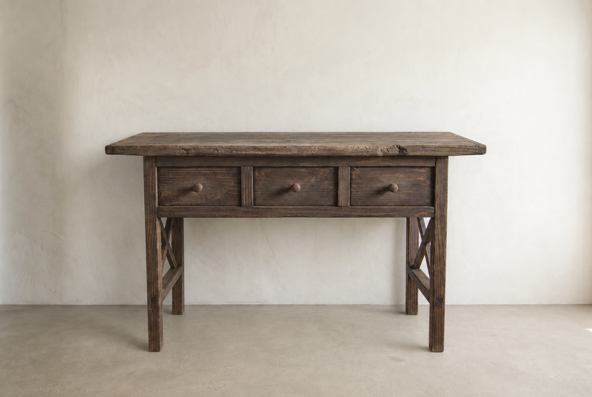 Front view of The Hewn Console with three functional storage drawers