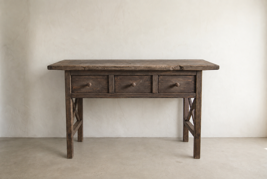 Front view of The Hewn Console with three functional storage drawers