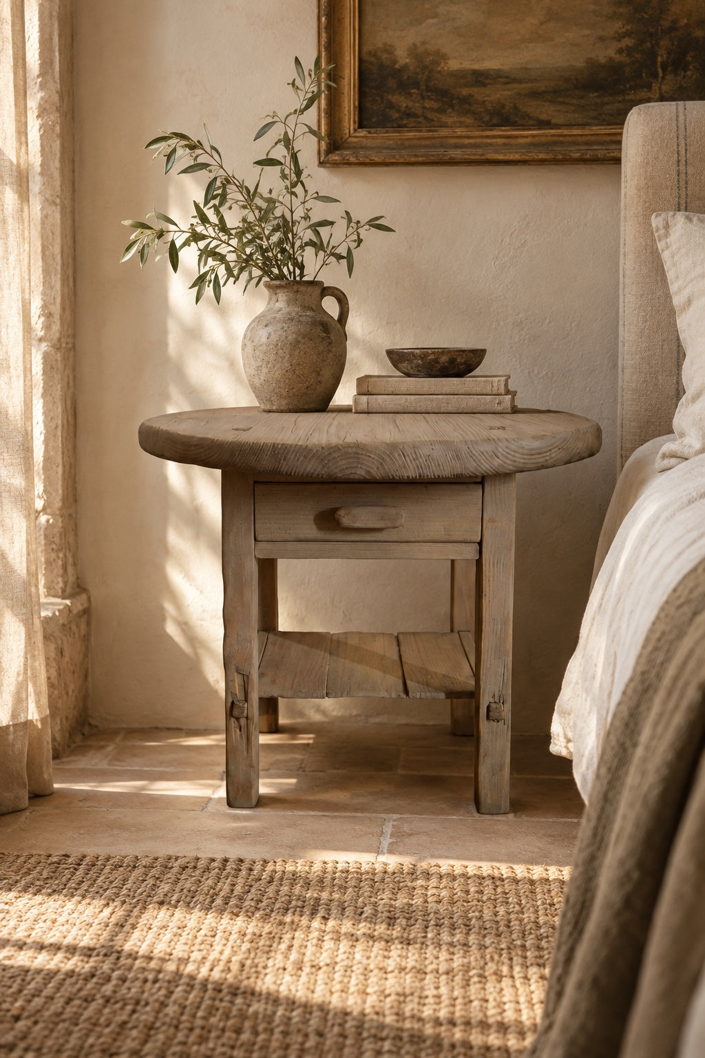     The Cooper Table, a round solid wood accent table with drawer and lower shelf in a light aged finish
