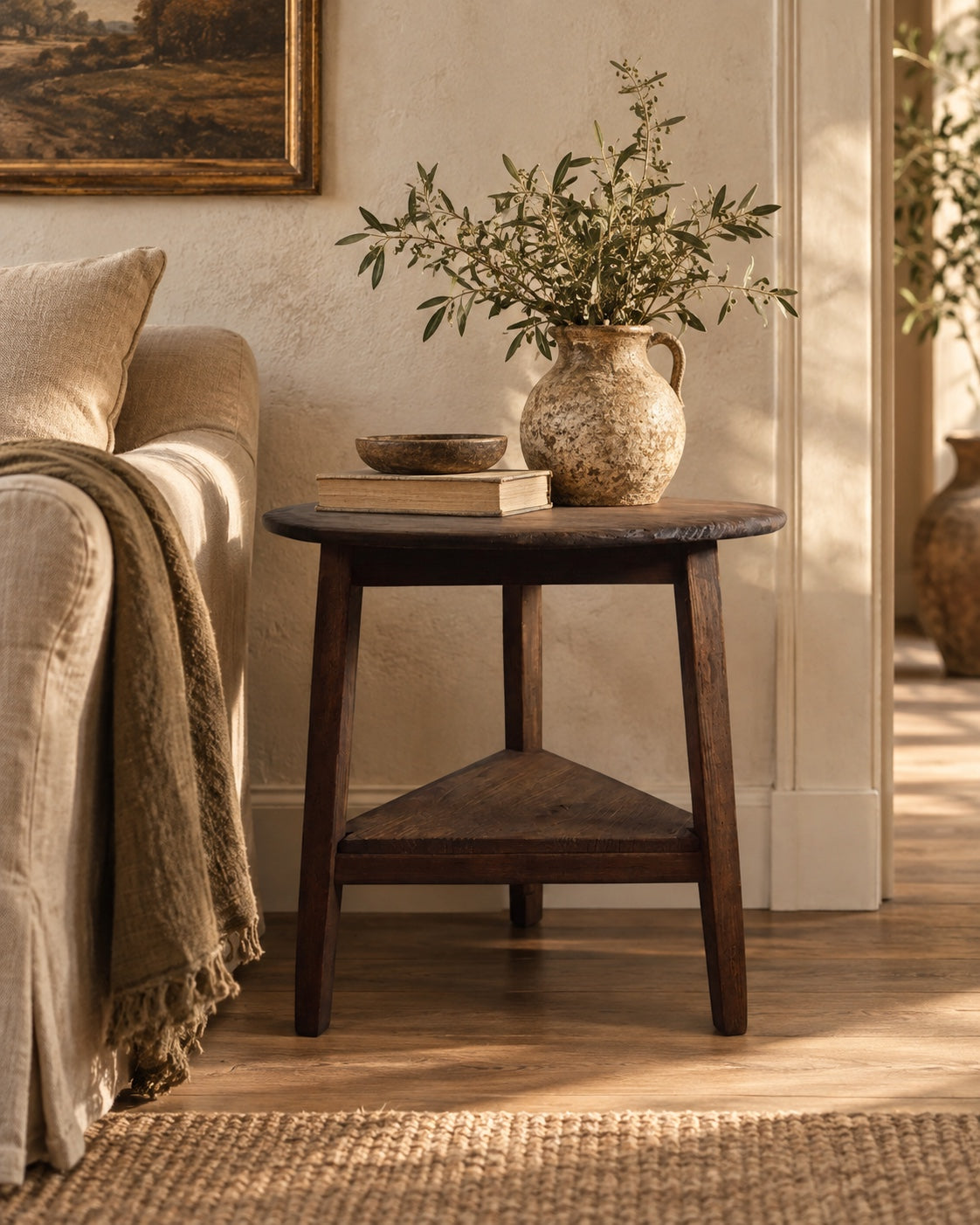 The Cricket Table, a round solid wood accent table with three legs and a triangular lower shelf in a dark aged finish