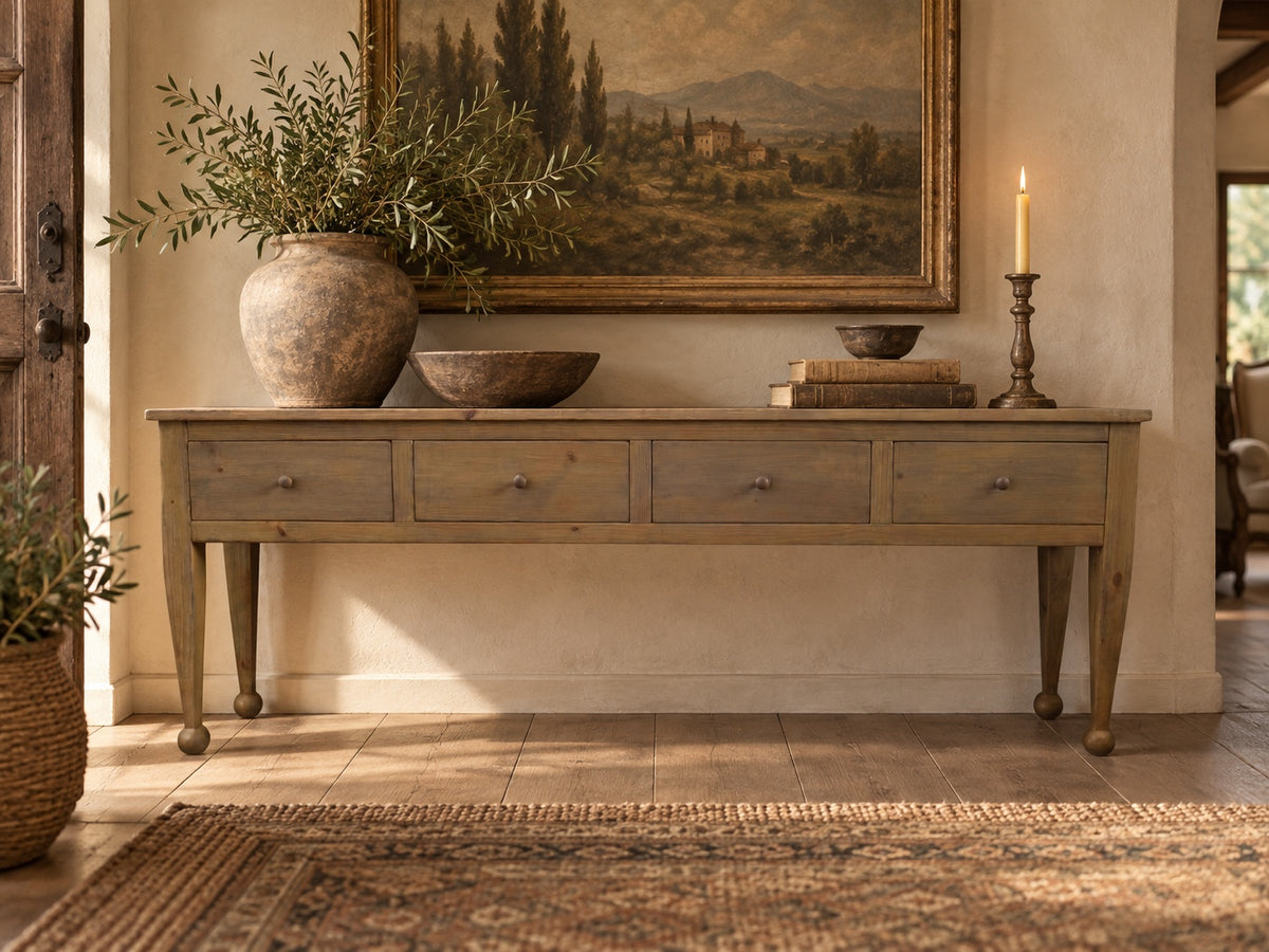 The Estate Console, 96-inch four-drawer solid wood console in Weathered Natural finish, styled in a warm European-inspired interior