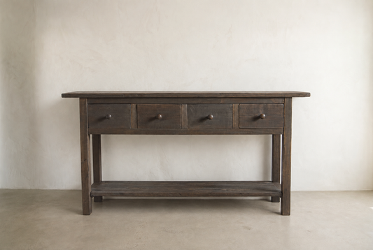 Front view of The Foundry Console with four drawers and lower shelf