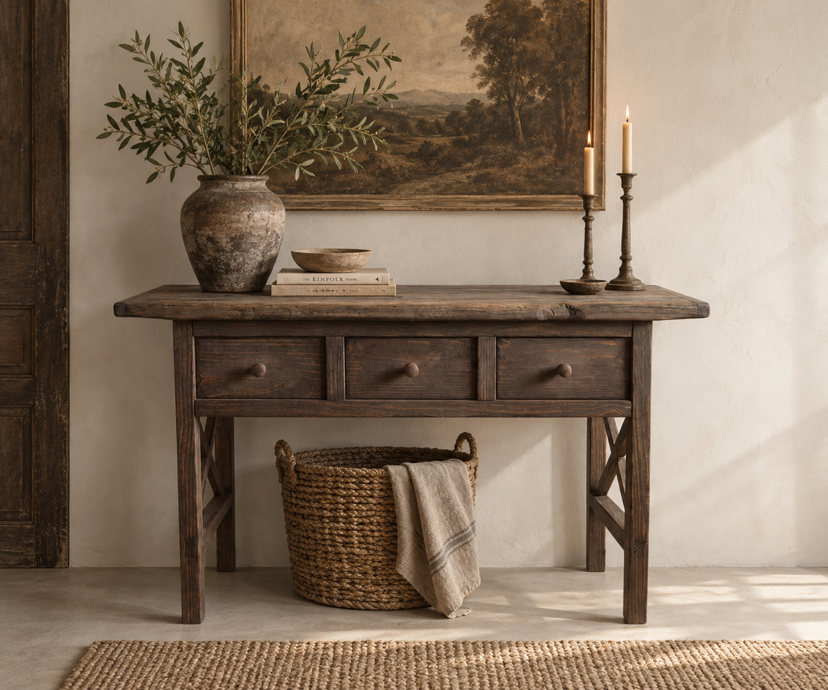 The Hewn Console handcrafted three-drawer wood console table