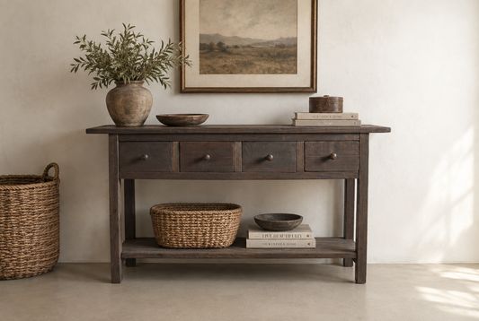 The Foundry Console handcrafted four-drawer wood console with lower shelf