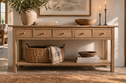 Juniper & Bros. Mercantile five-drawer solid wood console table styled in a warm neutral entryway