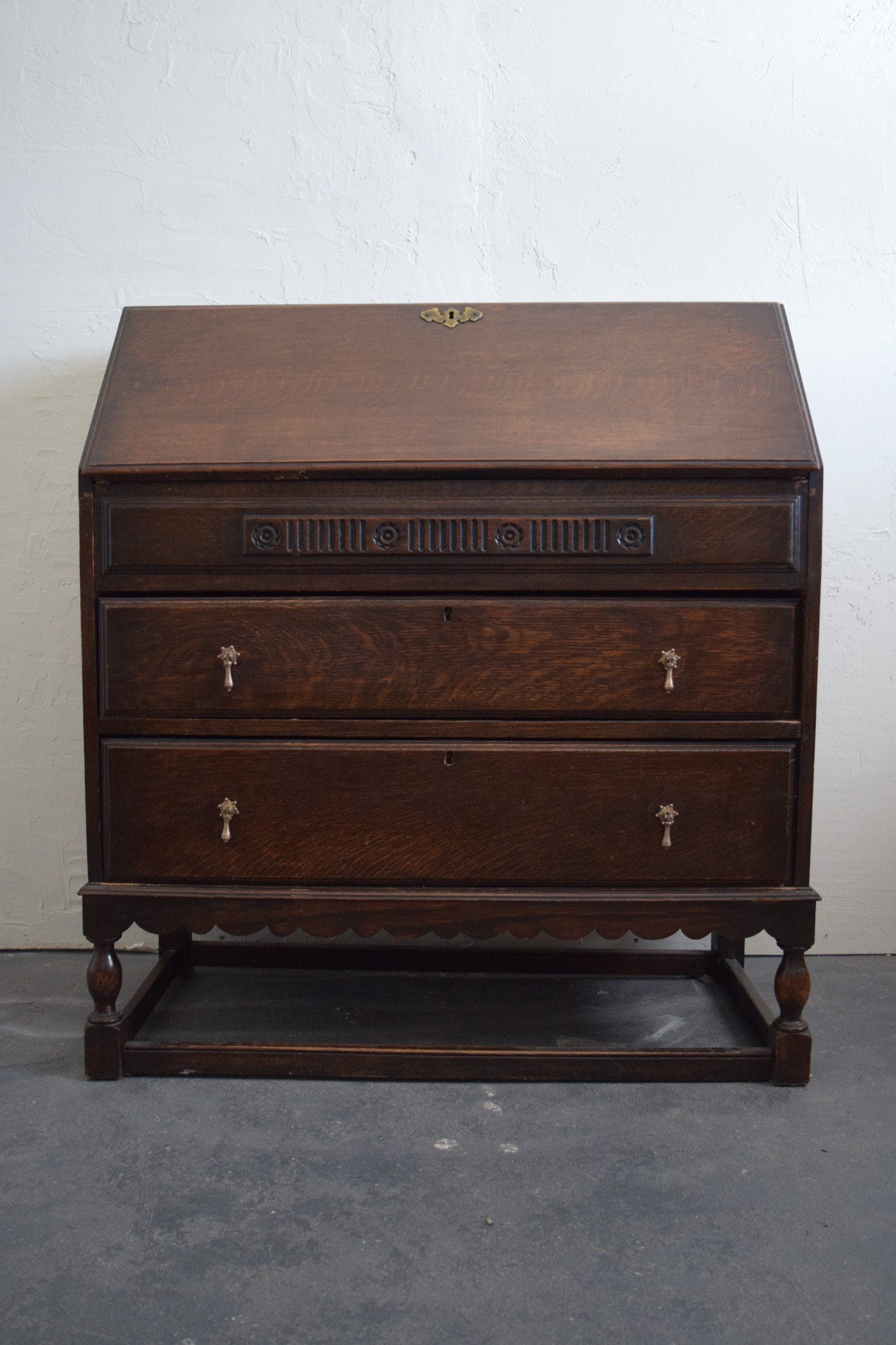 Large Antique Secretaire Desk with Scalloped Detail